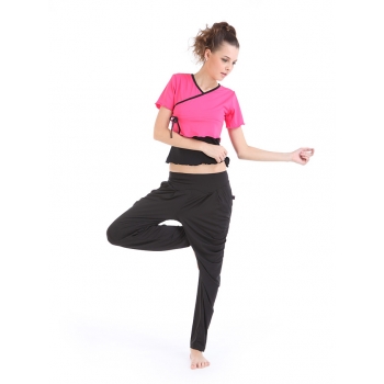 Yoga Casual Workout Clothes Summer Suits(Edge waves Rope Short sleeve T-Shirt+Harlan Korean Lantern Pants)